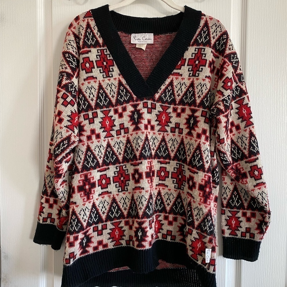 80’s Vintage Pierre Cardin Aztec‎ Grandpa core V-Neck Sweater Small oversized